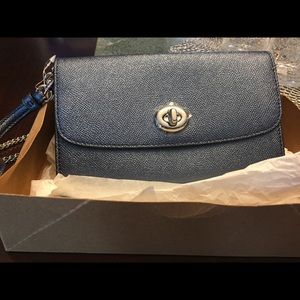 Coach Chain Blue Metallic Leather Cross Body Bag